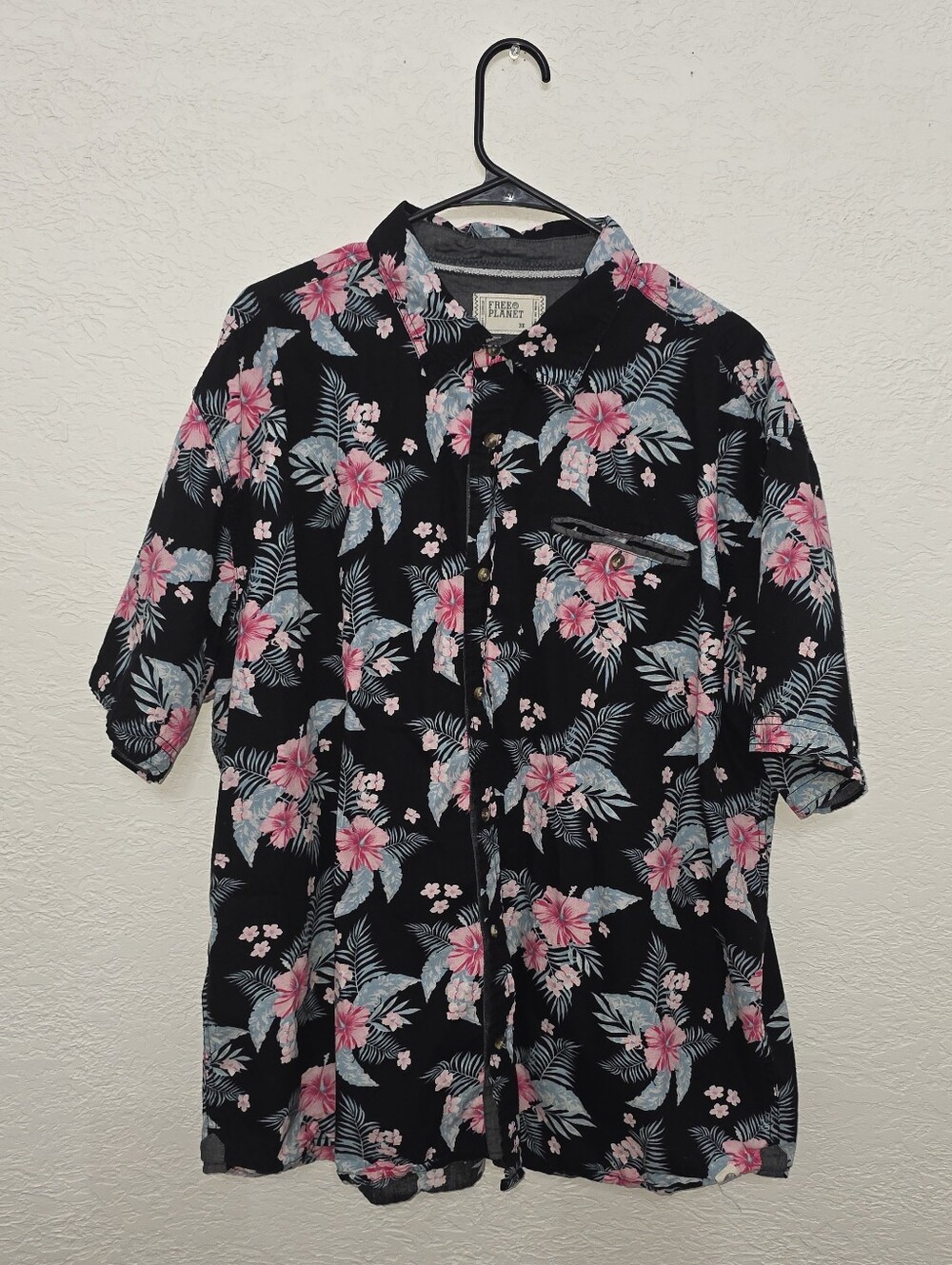 Men's Black Floral Short Sleeve Shirt with Pink Flowers Free Planet 3x